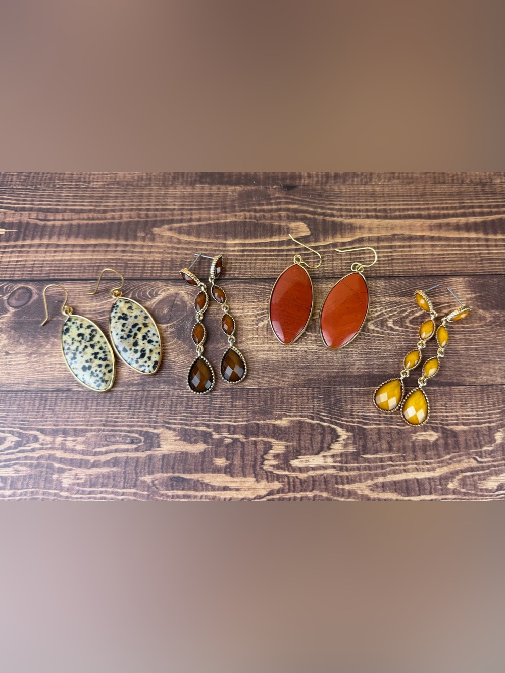 Fall Earring Bundle Gold Tone Dalmatian Jasper Terracotta Amber Mustard Dangle